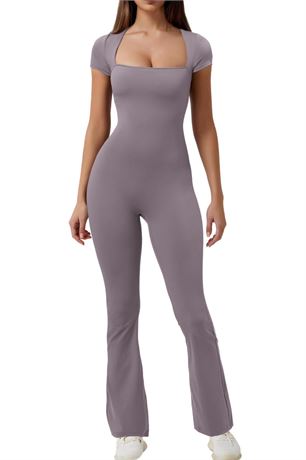 Sexyasasii Flare Jumpsuits for Women Square Neck Short Sleeve Sexy Bodycon Yoga