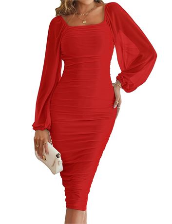 MEROKEETY Women's Long Puff Sleeve Ruched Bodycon Dress Square Neck Mesh