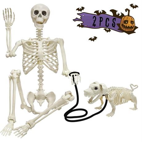 Halloween Skeleton Decorations, 5.4ft Life Size Posable Skeleton with Dog