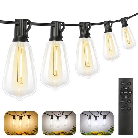 Brightever Dimmable Outdoor String Lights with Remote, 3 Colors in 1 LED Patio
