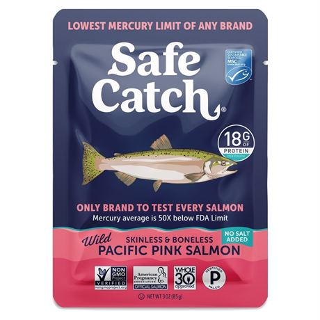 Safe Catch Wild Pacific Pink Salmon, Skinless & Boneless, No Salt Added, 3 oz