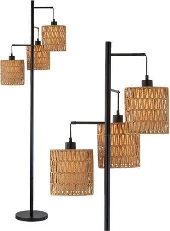 Maxax 65" Boho Rattan Floor Lamp, 3 Lights Farmhouse Tree Standing Lamp with