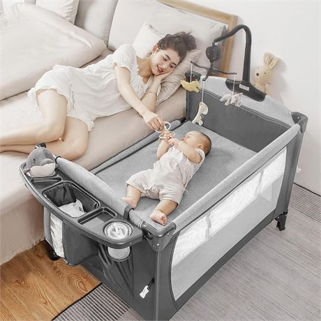 5-in-1 Pack and Play, Baby Bassinet Bedside Sleeper with U-Shaped Diaper