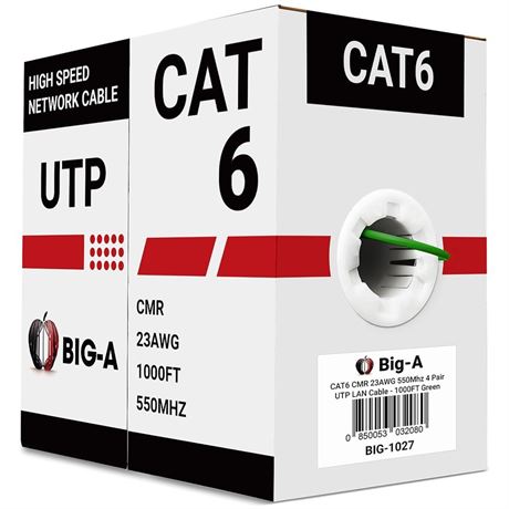 Bulk Cat6 Cable 1000ft 23AWG Solid 4 Pair, Cat 6 Ethernet Cable Unshielded