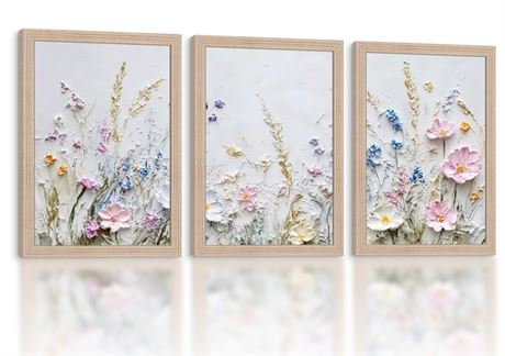 Framed 3D Texture Floral Canvas Wall Art Relief Textured Floral Oil Painting