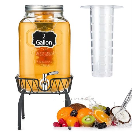 2 Gallon Glass Beverage Dispenser with Stand & Fruit Infuser, Stainless Steel