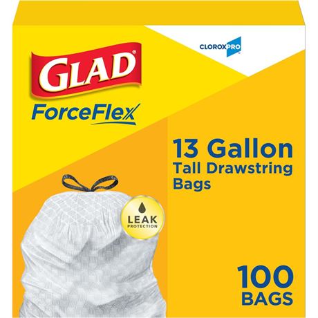 Glad Tall Kitchen Drawstring Trash Bags, 13 Gallon, White, Unscented,100 Count