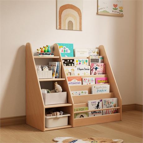 Solid Wood Kids Bookshelf and Storage Organizer, 7 Layer Children Bookcase,
