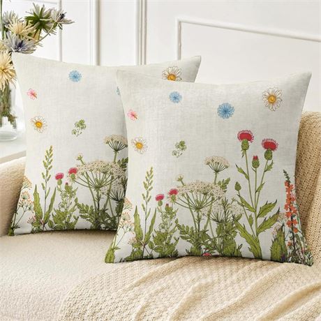 Spring Pillow Covers 18x18 inch Set of 2, Soft Short Plush Colored Wildflowers