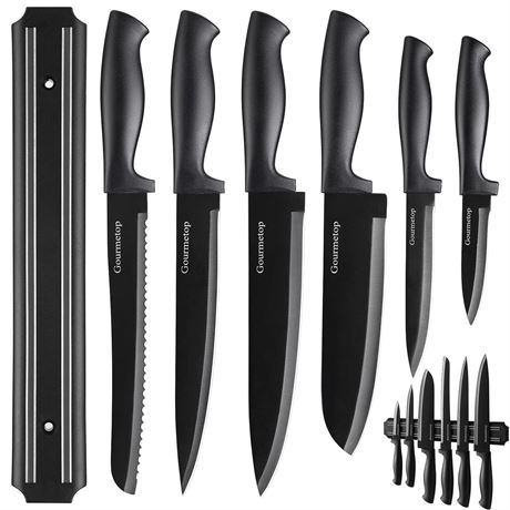 Gourmetop Kitchen Knife Set with No Drilling Magnetic Strip for Kitchen Black