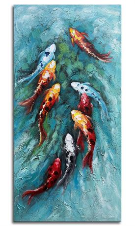 zoinart Oil Painting on Canvas Vertical Wall Art 24x48 Inches 3D Nine Fishes