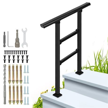 2-Step Outdoor Stair Railing: Black Wrought Iron Handrail for 1 to 2 Steps -