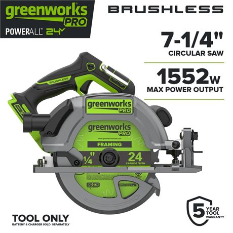 Greenworks Pro PowerAll 24V Brushless 7-1/4" 6000 RPM Circular Saw, Tool Only,