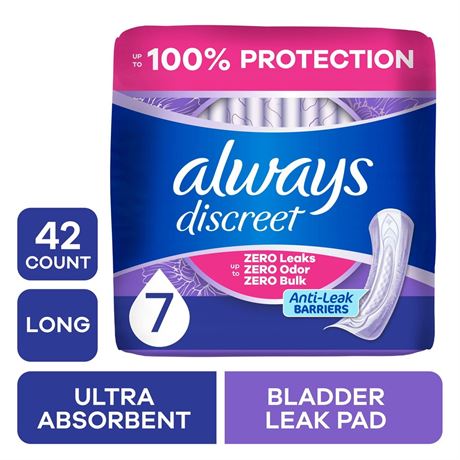 Always Discreet Incontinence Pads for Women, Ultimate Extra Absorbency, Long