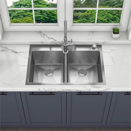 Sinber 33" x 22" x 9" Drop In Double Bowl Kitchen Sink with 18 Gauge 304