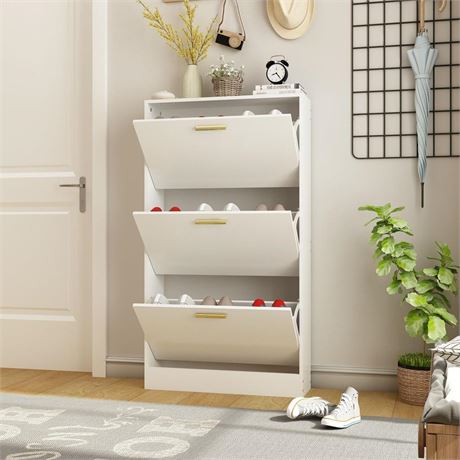 Narrow Shoe Storage Cabinet, Shoe Cabinet for Entryway with 3 Flip Drawers,