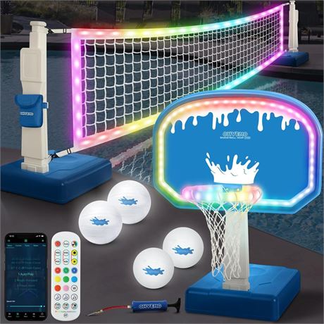 2-in-1 LED Pool Volleyball & Basketball Game Set, Light Up Pool Sport Combo Set