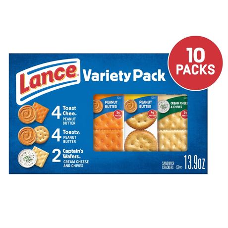 Lance Sandwich Crackers, Variety Pack, 3 Flavors, 10 Individually Wrapped
