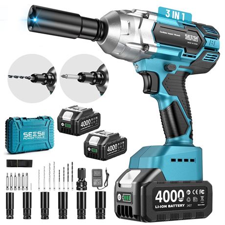 Seesii Cordless Impact Wrench 1/2 inch, High Torque 479 Ft-lbs(650Nm) Brushless