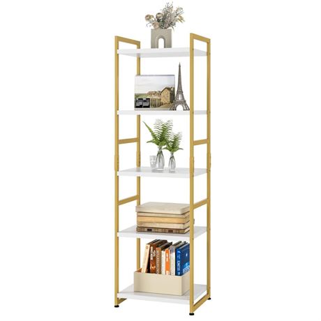 finetones 5 Tier Corner Shelf, Narrow Bookshelf Gold with Metal Frame, Modern