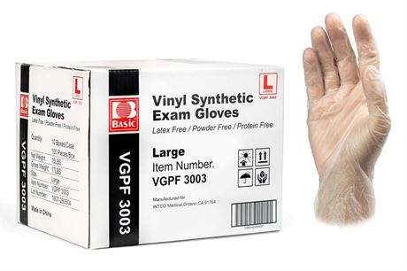 Basic Medical Clear Vinyl Exam Gloves - Latex-Free & Powder-Free - Large,