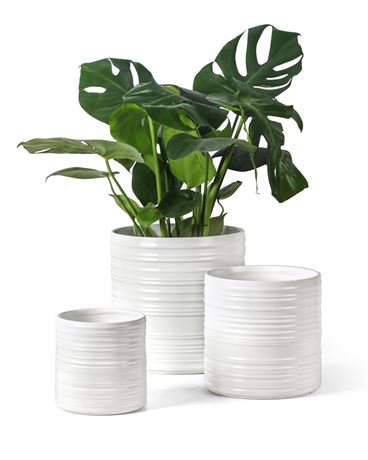 Fayoula Ceramic Planter, 10+8+6 Inch Plant Pots, Modern Striped Indoor/Outdoor