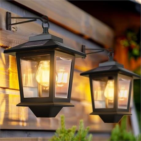 2 Pack Solar Wall Lanterns with Replaceable Bulb Outdoor Hanging Solar Lights