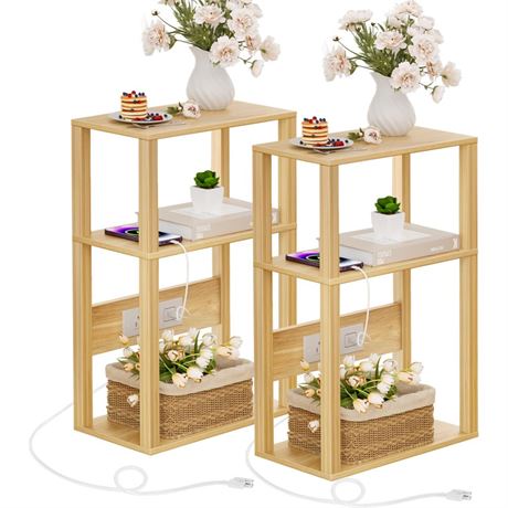 YUFAM 3 Tier Small Narrow Bamboo Side Table Set of 2 with Charging Station -