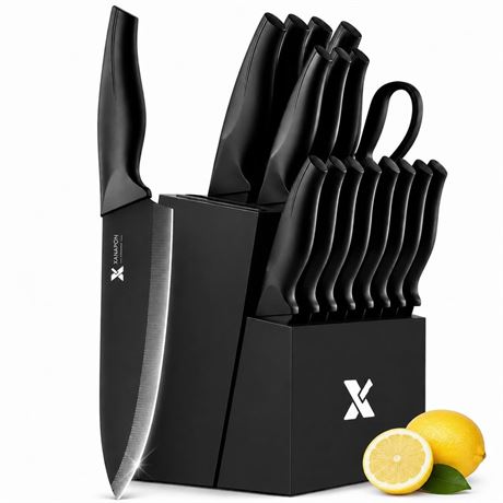 XANAPON 19-Piece Black Kitchen Knife Set with Block and Built-in Sharpener,