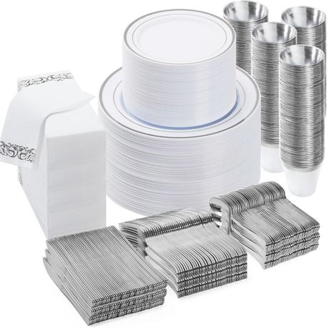 700PCS Silver Disposable Dinnerware Set (100 Guests), Plastic Plates for Party,