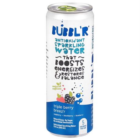 BUBBL'R Antioxidant Sparkling Water, triple berry breez'r, 12 fl oz Can
