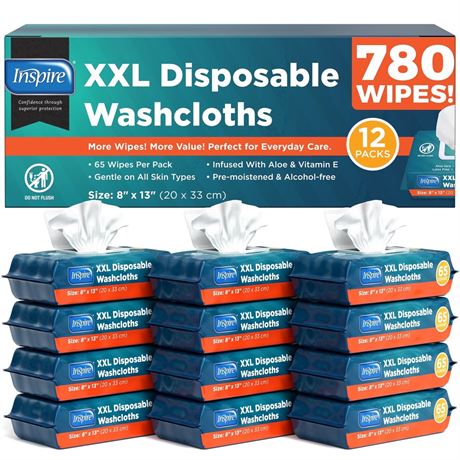 Inspire XL Disposable Washcloths 65 Count Package - Case of 12 Bags - 780 Count