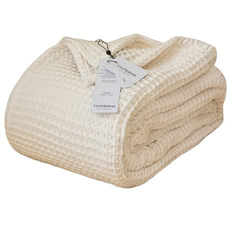 100% Turkish Cotton Waffle Throw Blanket King Size Natural Undyed - Premium