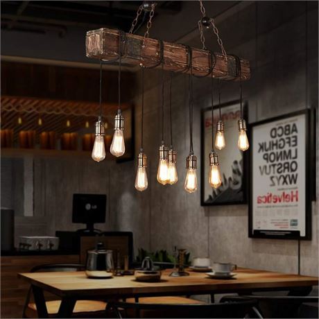 10-Lights Rustic Chandelier Wooden Retro Pendant Light Industrial Suspension