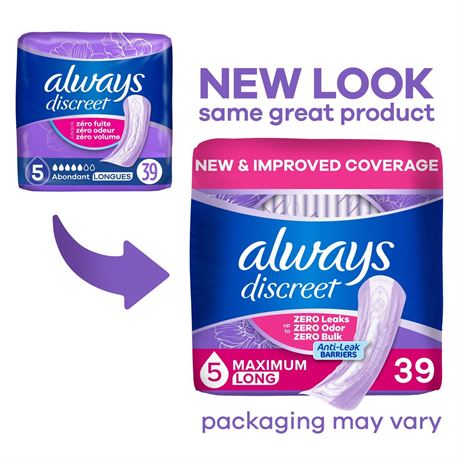 Always Discreet Incontinence Pads for Women, Heavy Absorbency, Long Length,