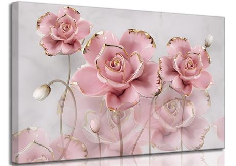 Modern Delicate Pink Gold Roses Canvas Wall art Flower Reflecting In Grey