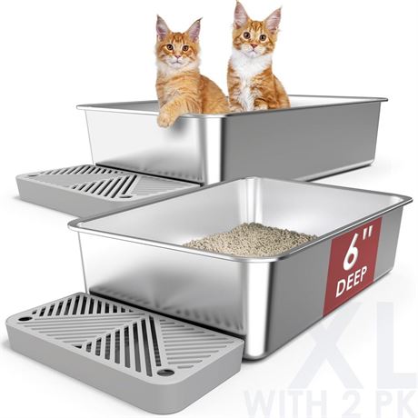 2 Pack 6" Deep & Extra Large Stainless Steel Cat Litter Boxes with 36L Big