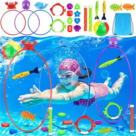 21 PCS Pool Diving Toys for Kids, Swim Thru Rings Swimming Pool Water Toys for