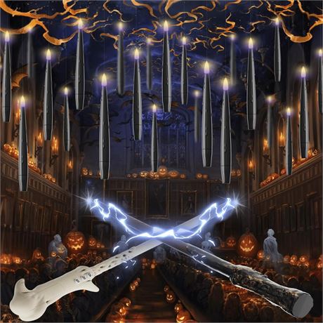 Floating Candles with Wand, 20 Pack Halloween Flameless Candles Magic Hanging