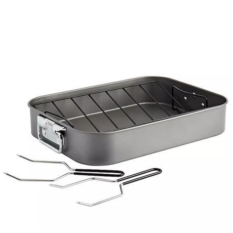 Mingle & Co. 16-Inch Carbon Steel Roasting Pan with Rack & Lifters, Black