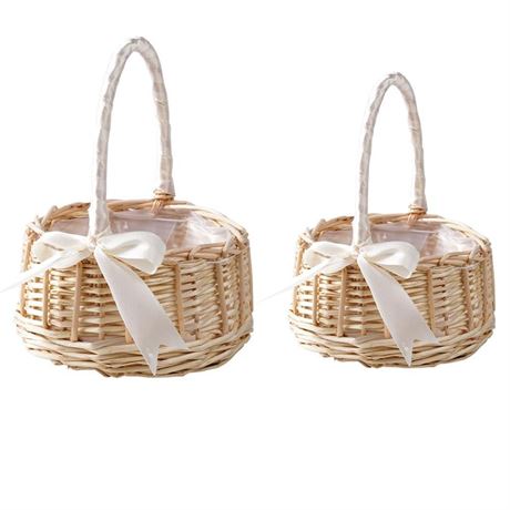 2Pack Wedding Flower Girl Basket Set,Wicker Rattan Flower Basket,Willow