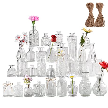 Glass Bud Vase, Set of 32 Pcs Small Clear Glass Vases in Bulk, Vintage Vases