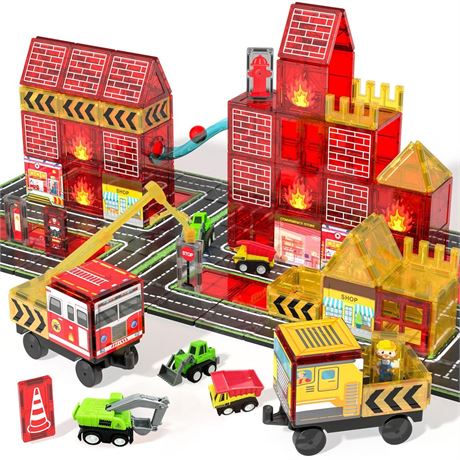 Magnetic Tiles for Kid, 56PCS Construction Magnet Tiles with Fire Truck &