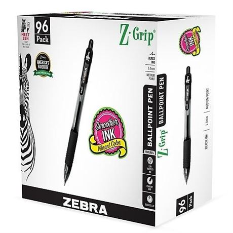 Zebra Z-Grip Retractable Ballpoint Pen, Medium Point, 1.0mm, Black Ink, 96/Pack