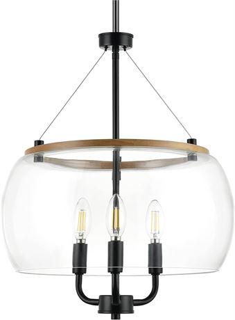 Orono 3 Light Modern Farmhouse Black Chandelier with Wood Accent - Ceiling