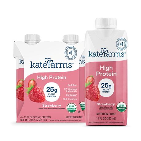 Kate Farms High Protein Nutrition Shake Strawberry, 4-pack 11 fl oz
