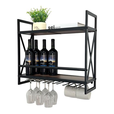 Industrial Wine Racks Wall Mounted with 6 Stem Glass Holder,23.6in Metal