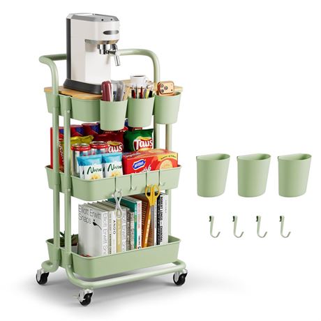3 Tier Rolling Cart, Multifunctional Storage Cart with Table Top, Lockable