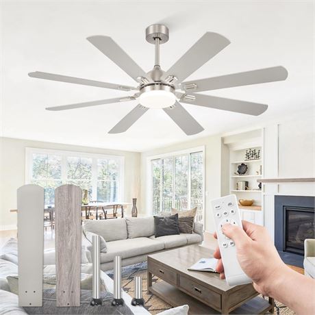 62 Inch Ceiling Fans with Lights,Nickel Modern Ceiling Fan with Remote,Large