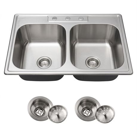 Kitsitchen 33x22 Drop in Kitchen Sink, 33 Inch 304S Stainless Steel Double Bowl